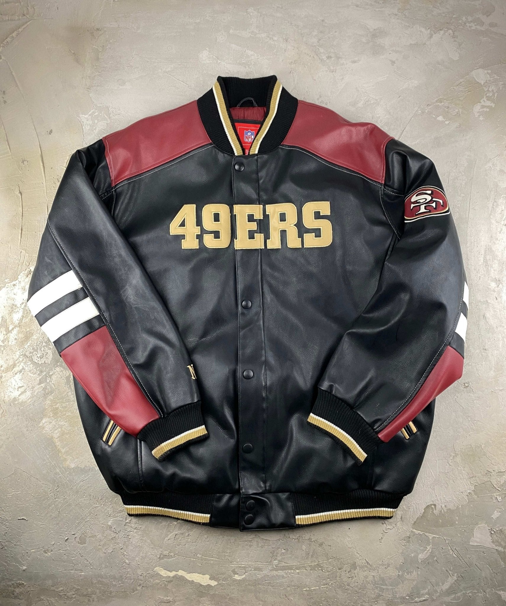 NFL 49ers FAUX LEATHER VARSITY JACKET BLACK/BURGUNDY (XL) - XL - grabbers.studio