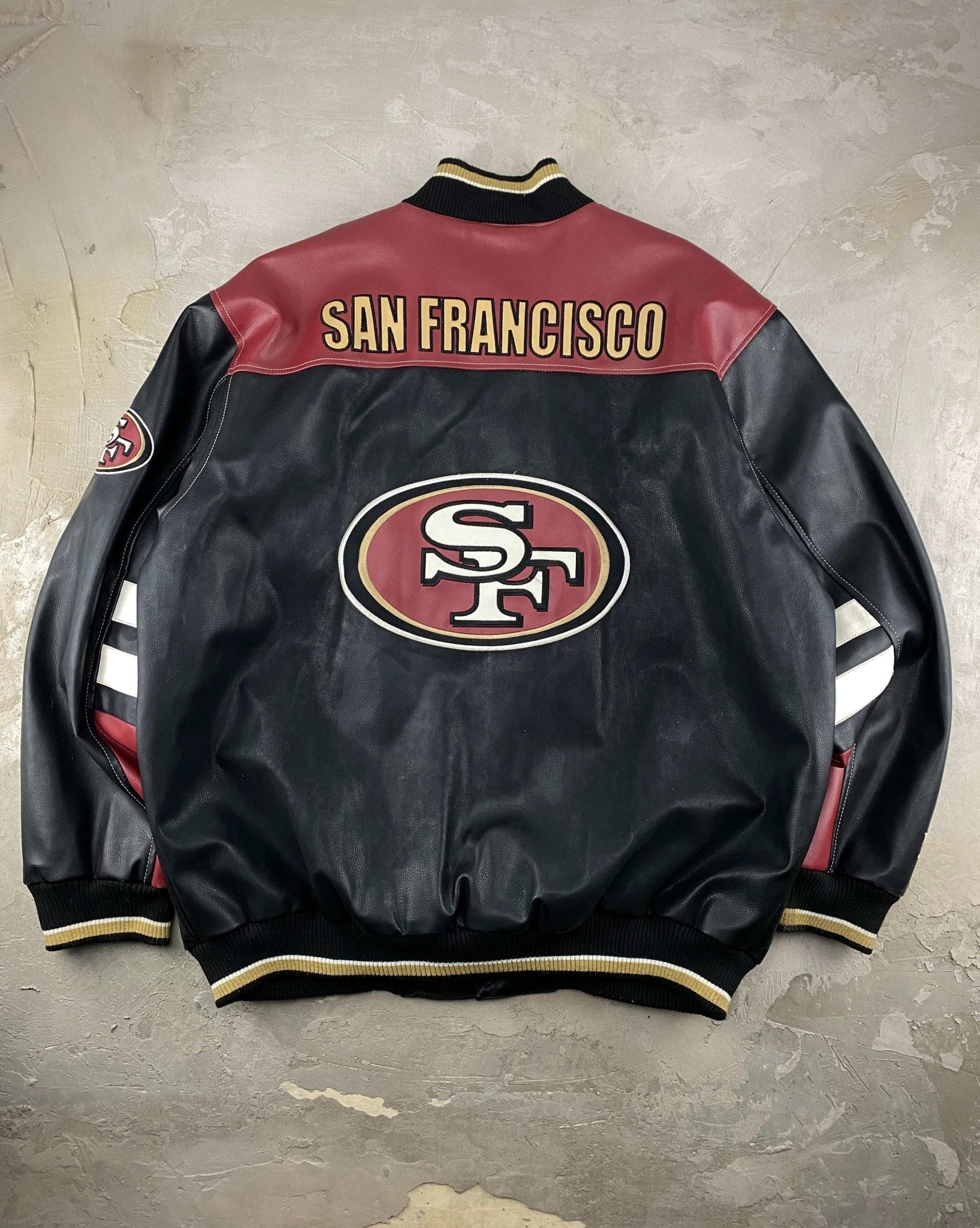 NFL 49ers FAUX LEATHER VARSITY JACKET BLACK/BURGUNDY (XL) - XL - grabbers.studio