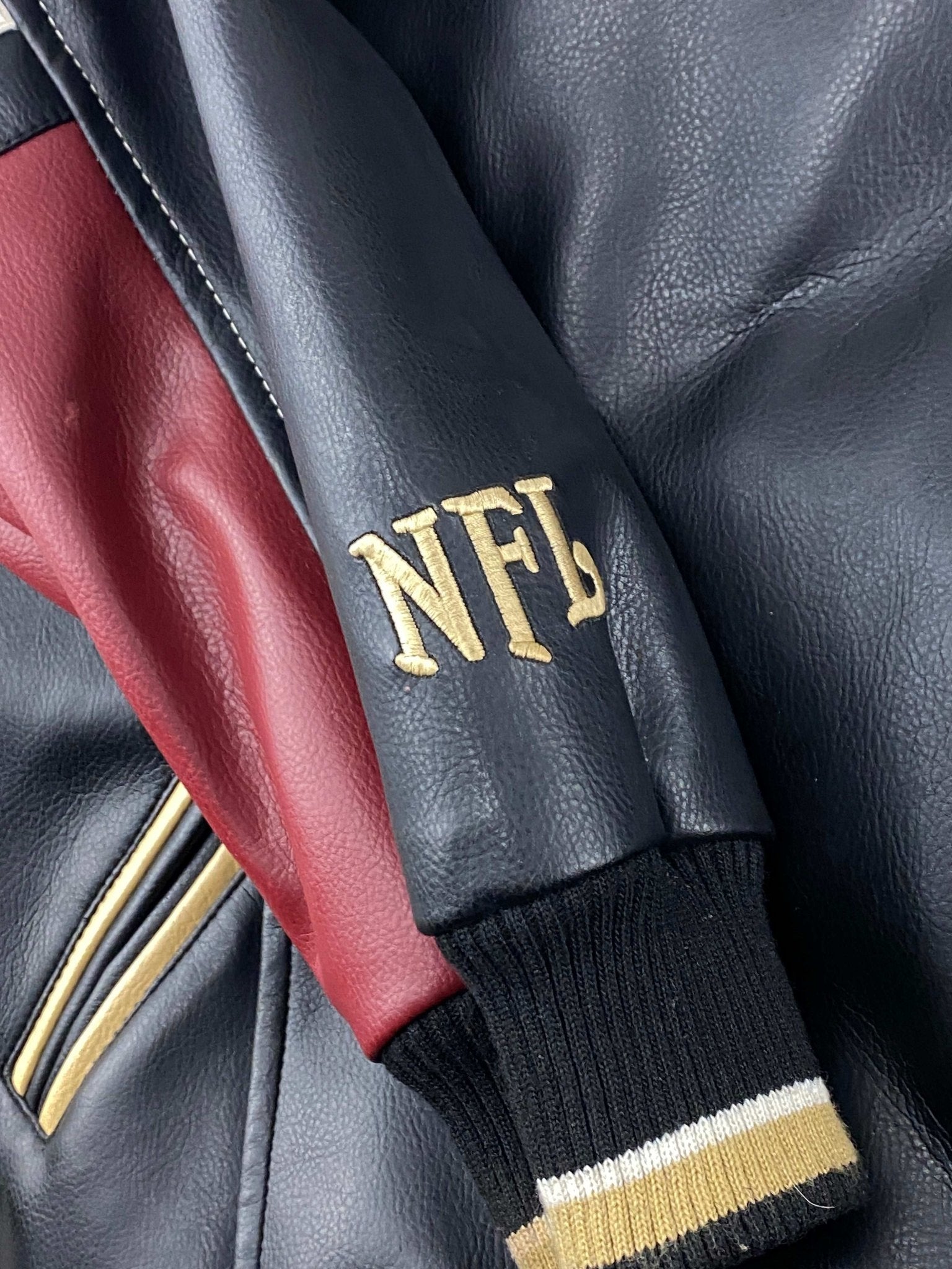 NFL 49ers FAUX LEATHER VARSITY JACKET BLACK/BURGUNDY (XL) - XL - grabbers.studio