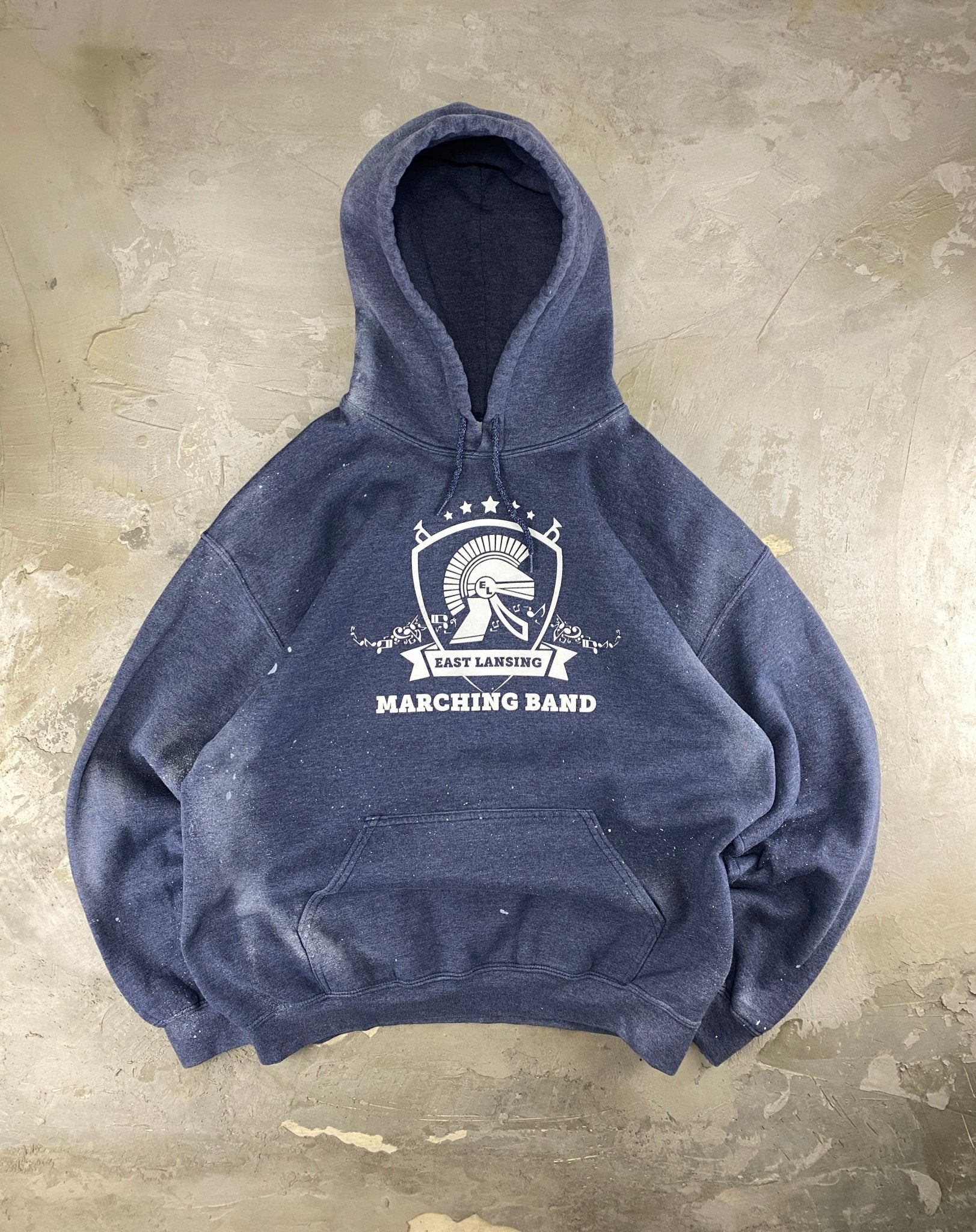 VINTAGE COLLEGE STYLE HOODIE BOXY FIT PAINT FADED BLUE (L) - L - grabbers.studio