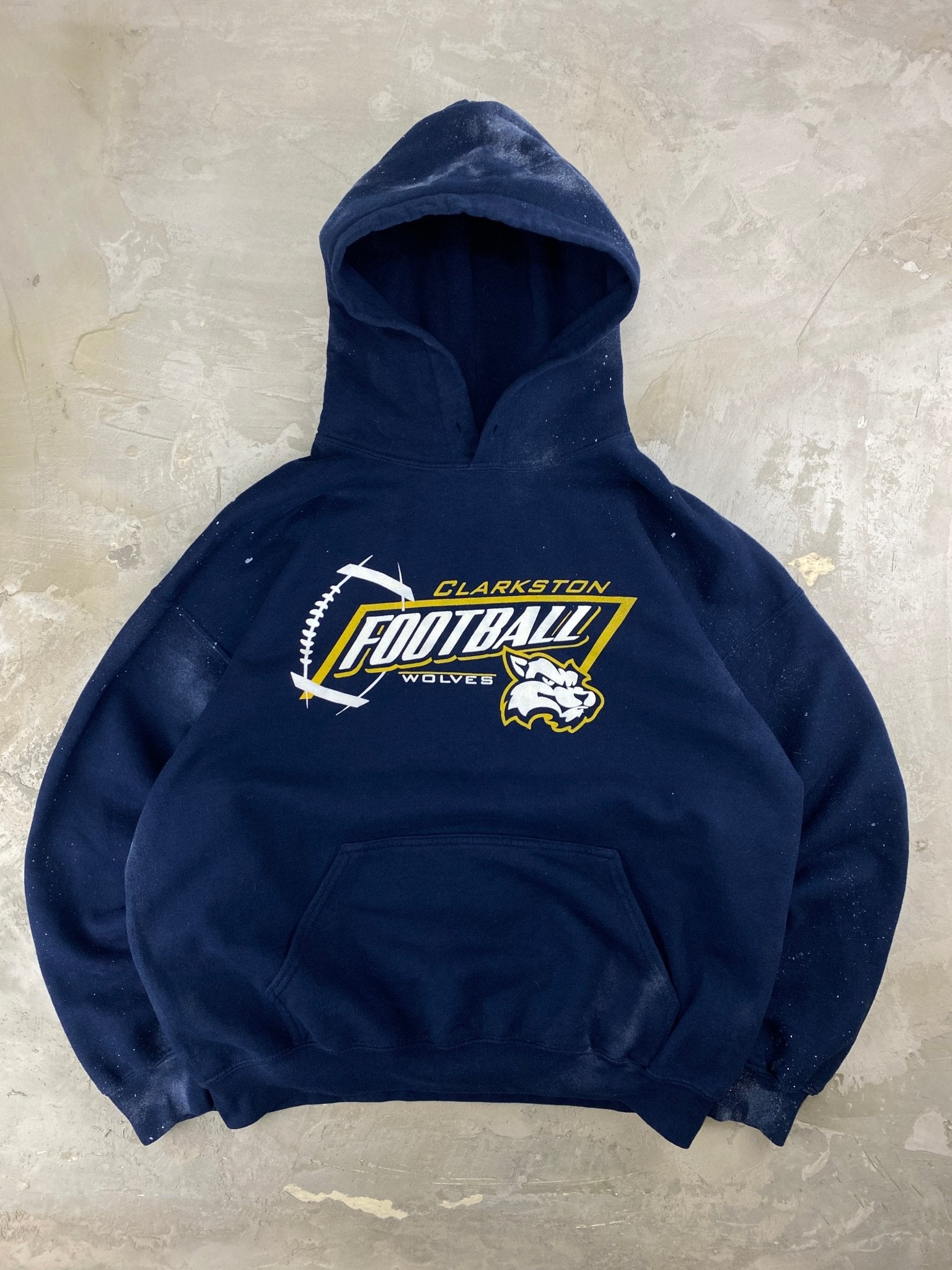 VINTAGE GILDAN COLLEGE STYLE HOODIE BOXY FIT PAINT FADED BLUE NAVY (L) - L - grabbers.studio