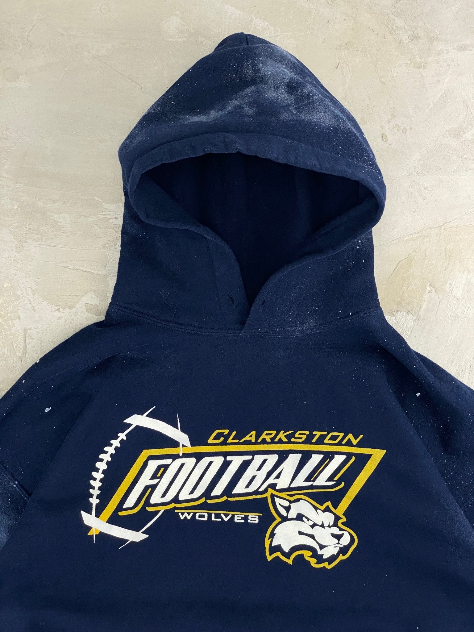 VINTAGE GILDAN COLLEGE STYLE HOODIE BOXY FIT PAINT FADED BLUE NAVY (L) - L - grabbers.studio
