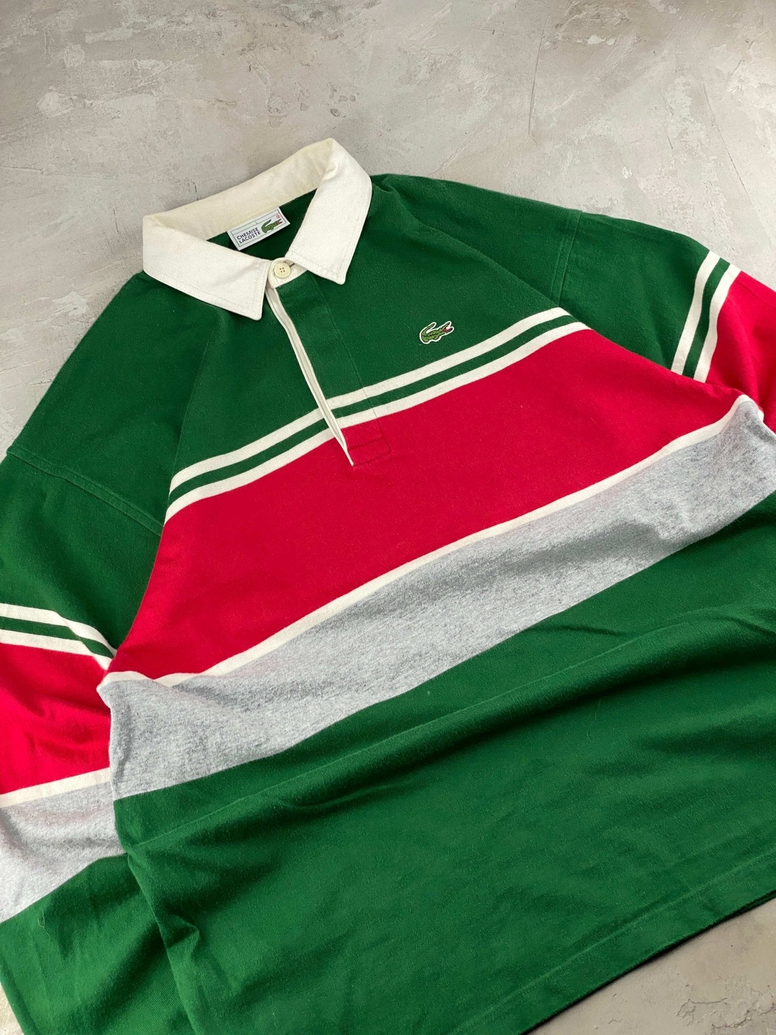 VINTAGE LACOSTE POLO COLORBLOCK GREEN/RED (L) - L - grabbers.studio
