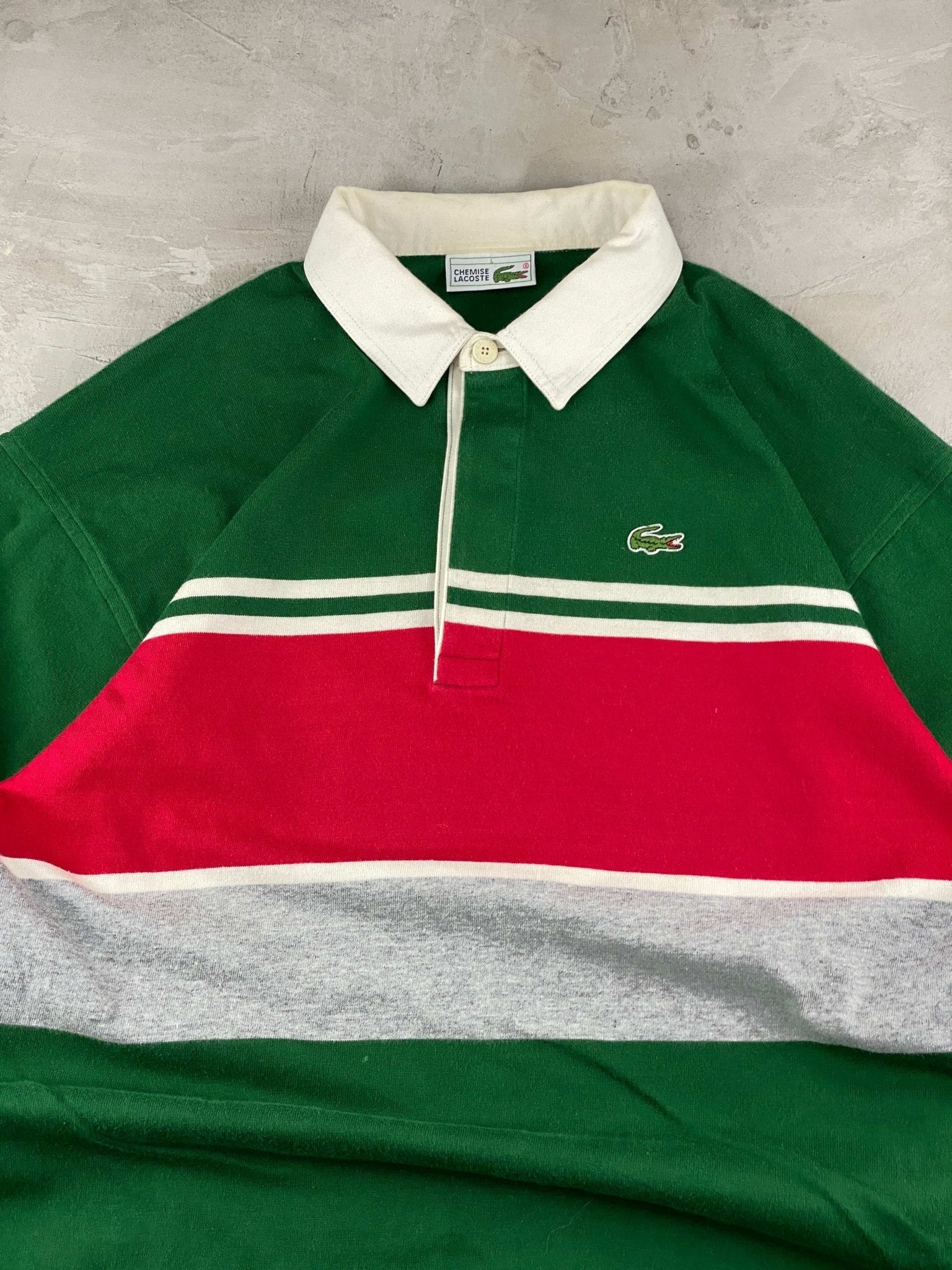 VINTAGE LACOSTE POLO COLORBLOCK GREEN/RED (L) - L - grabbers.studio