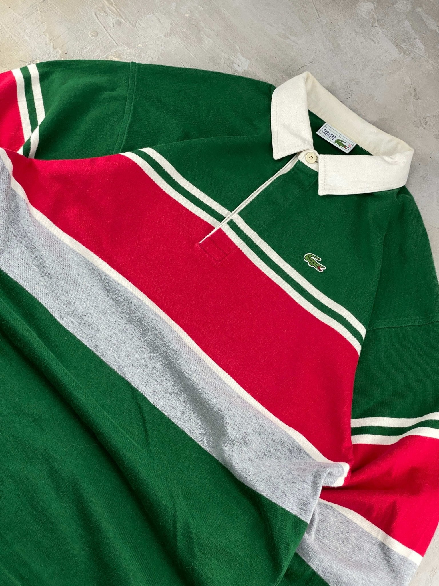 VINTAGE LACOSTE POLO COLORBLOCK GREEN/RED (L) - L - grabbers.studio