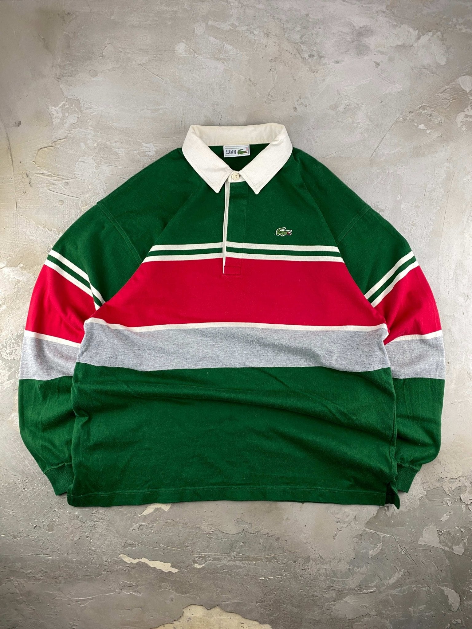 VINTAGE LACOSTE POLO COLORBLOCK GREEN/RED (L) - L - grabbers.studio