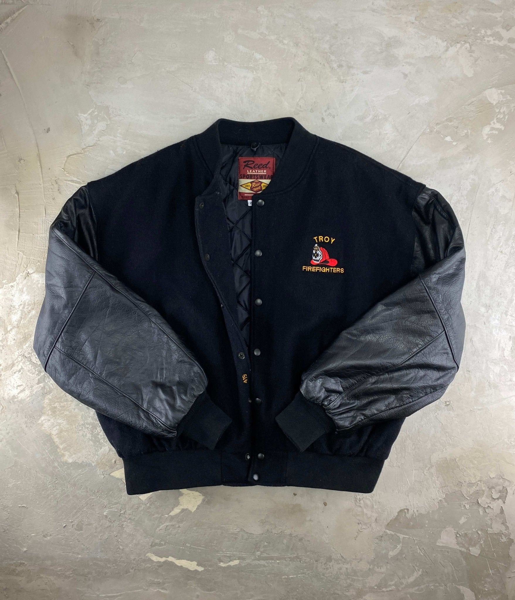 VINTAGE REED VARSITY JACKET FIREFIGHTER MADE IN USA BLACK (XL/XXL) - 2XL - grabbers.studio
