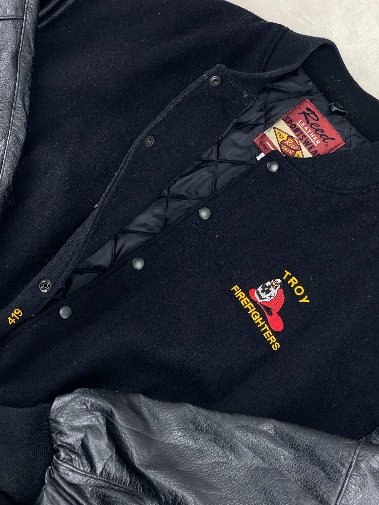 VINTAGE REED VARSITY JACKET FIREFIGHTER MADE IN USA BLACK (XL/XXL) - 2XL - grabbers.studio