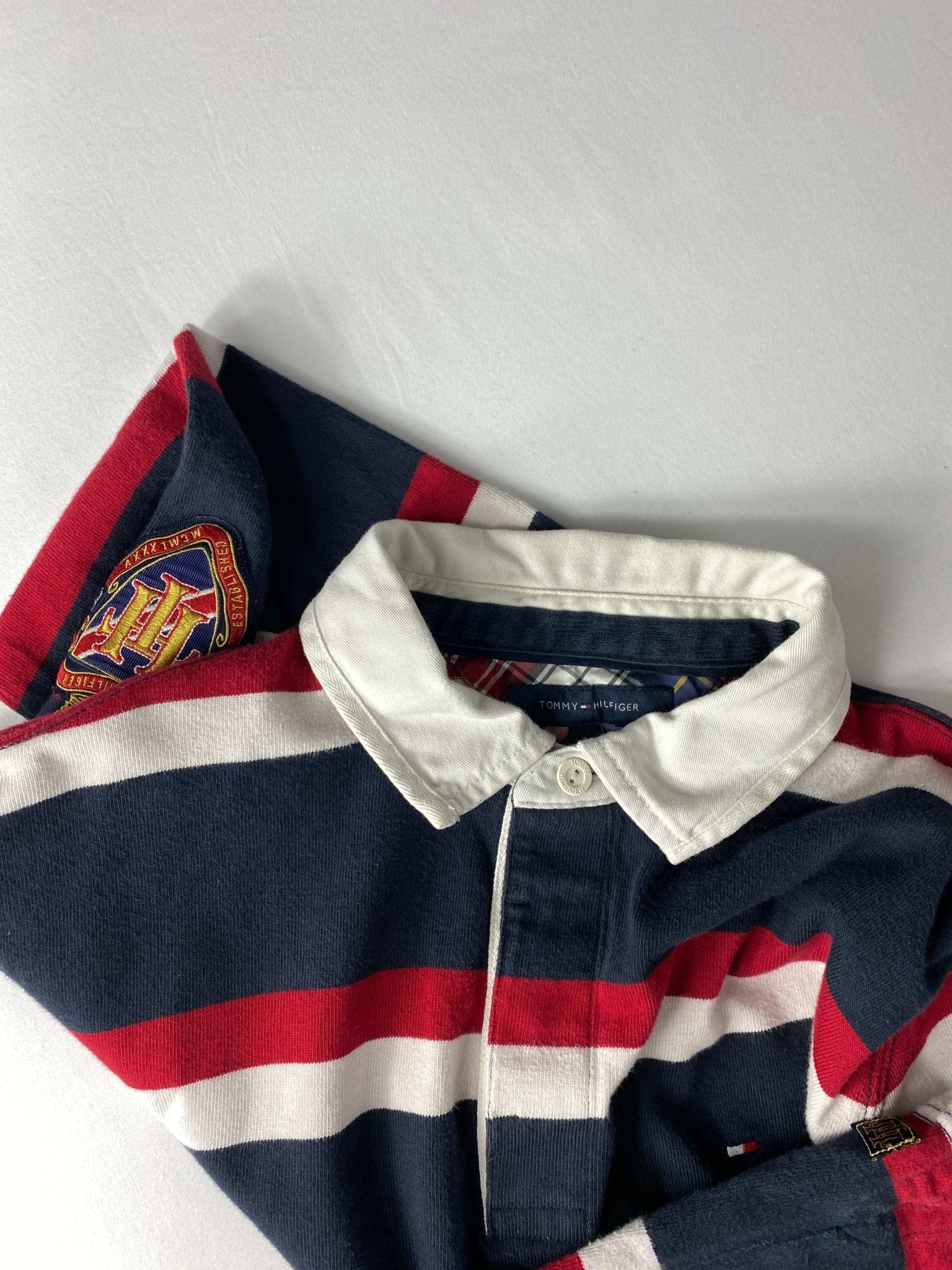 VINTAGE TOMMY HILFIGER POLO TEE RED/BLUE (L) - L - grabbers.studio